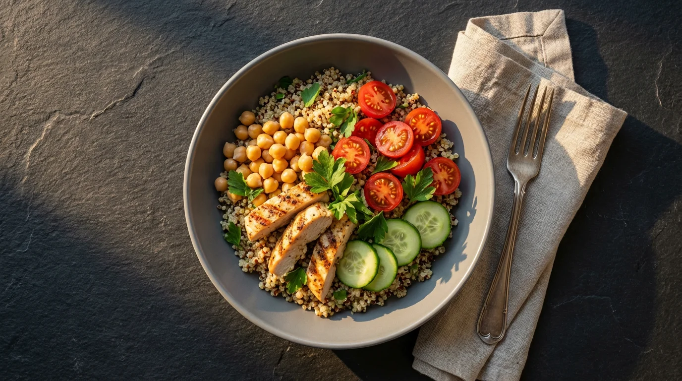 Overhead flat lay photo of a healthy chicken and quinoa salad for lunch.