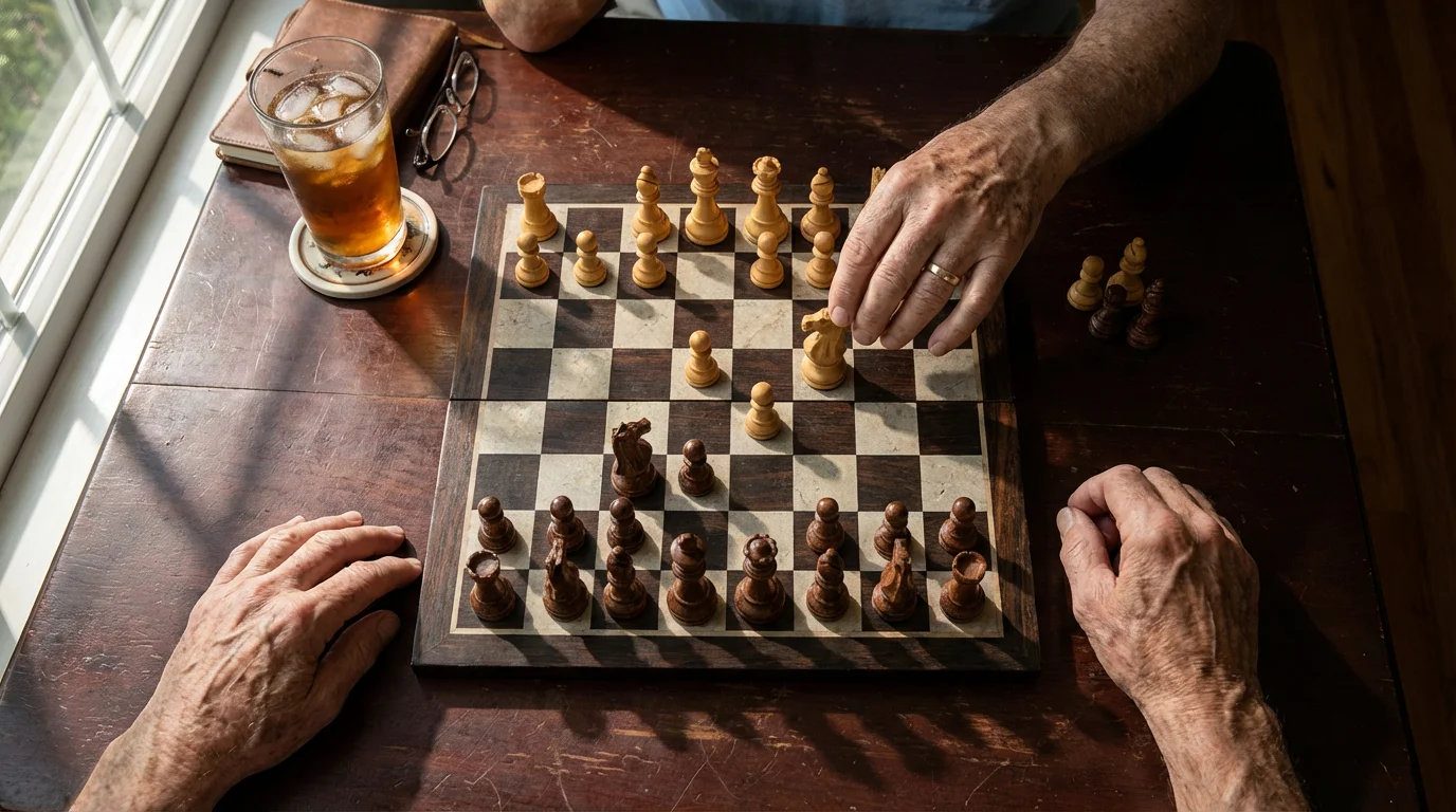 Overhead view of two seniors' hands playing a game of chess in afternoon light.