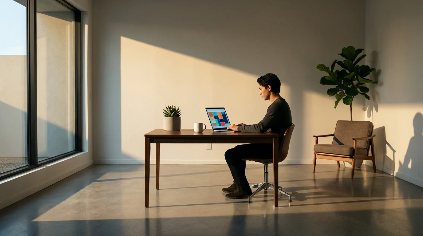 Person organizing on a laptop at a tidy desk in a calm, sunlit room.