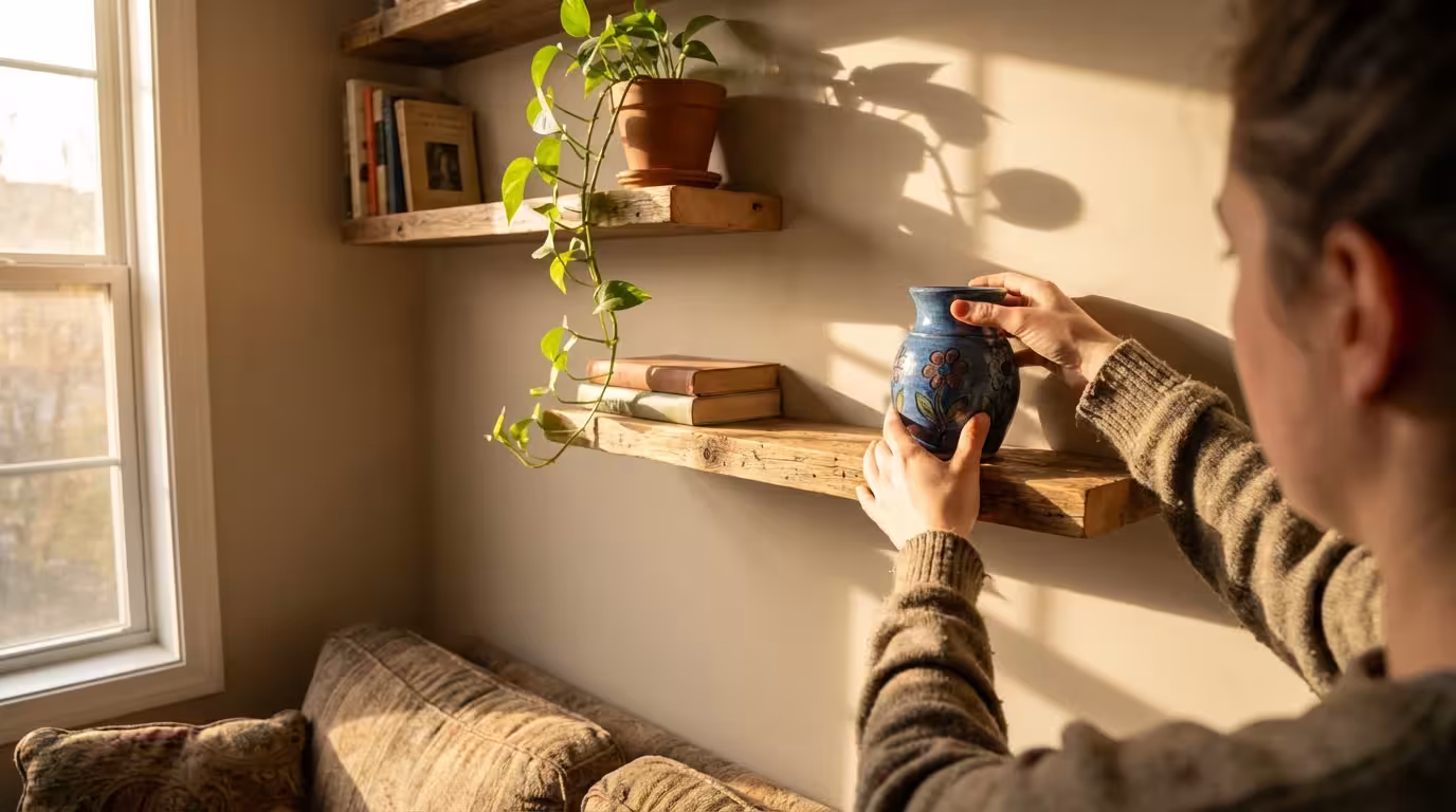 Person placing a vase on high floating wall shelves in a sunlit living room.