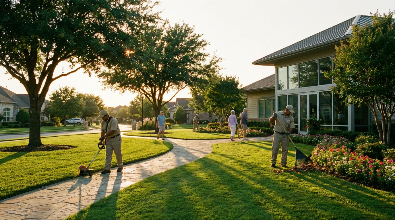 Professional landscapers maintaining the common areas of a pristine HOA community during late afternoon.