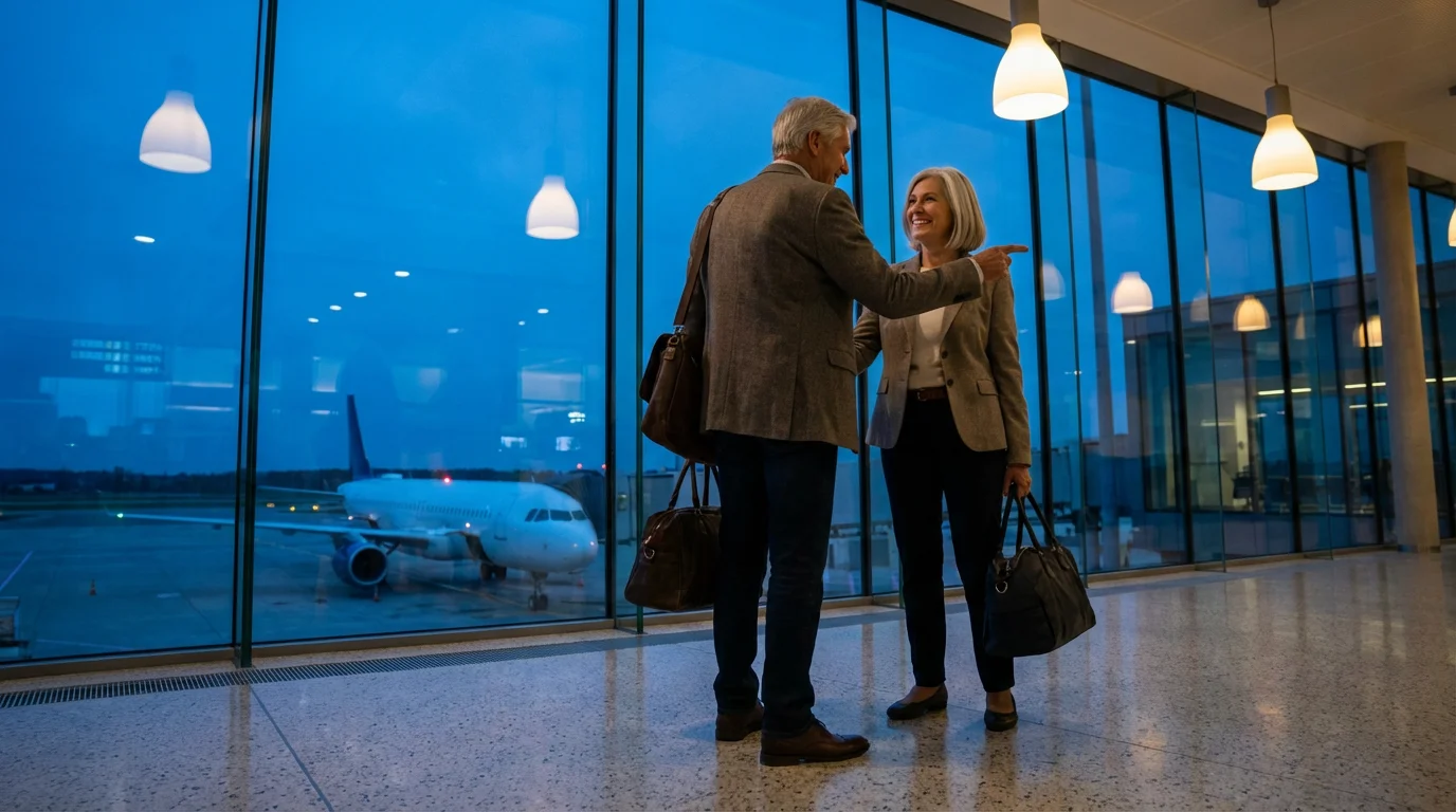 Retired couple at an airport window at dusk, looking at a plane, ready to travel.