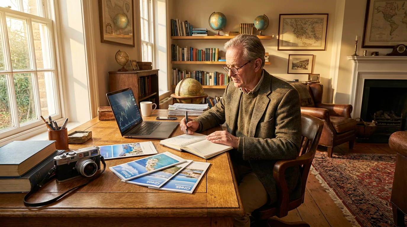 Retired man at desk planning a travel budget with laptop in his study.
