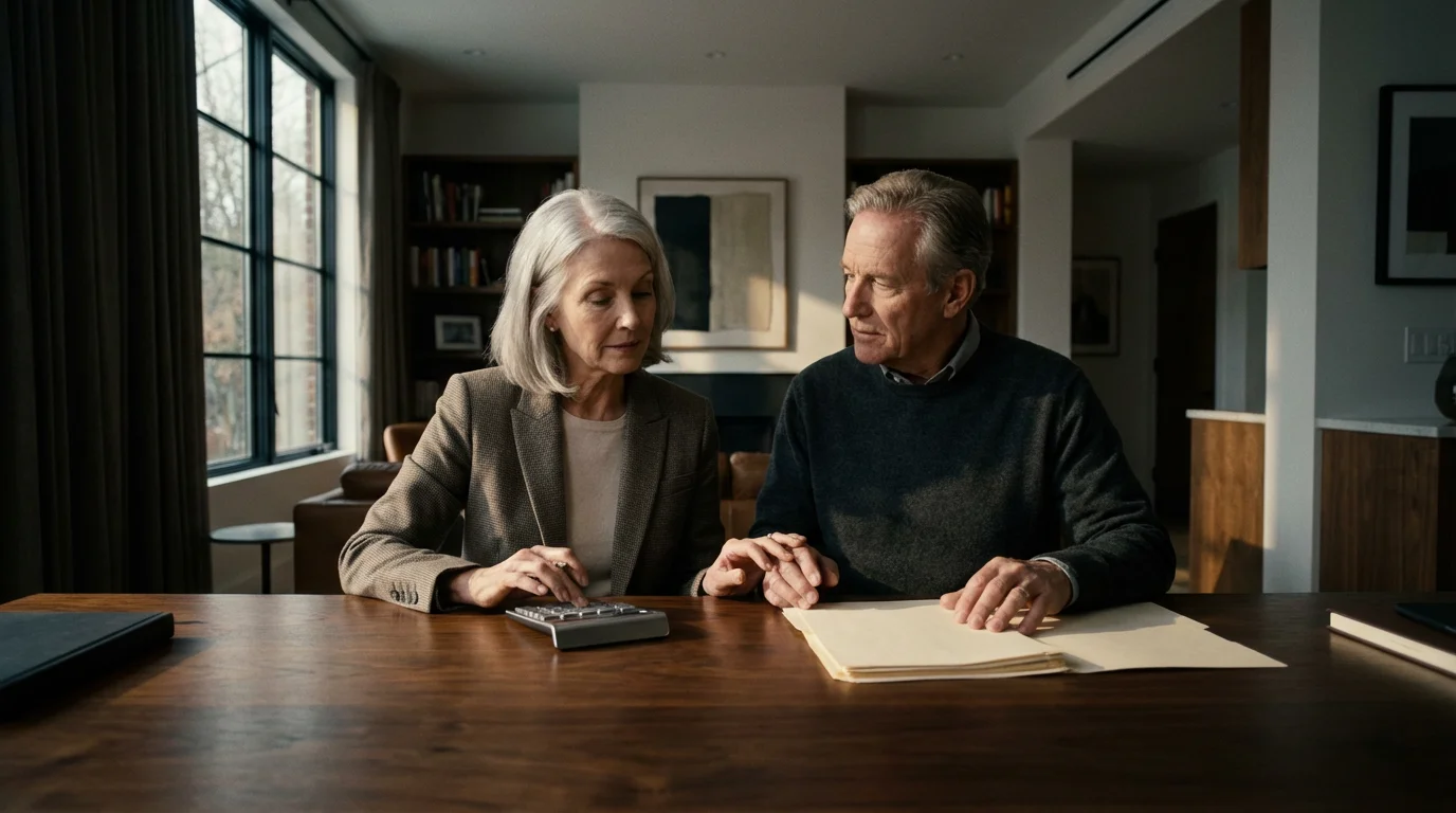 Senior couple at a desk with papers and a calculator planning their finances.