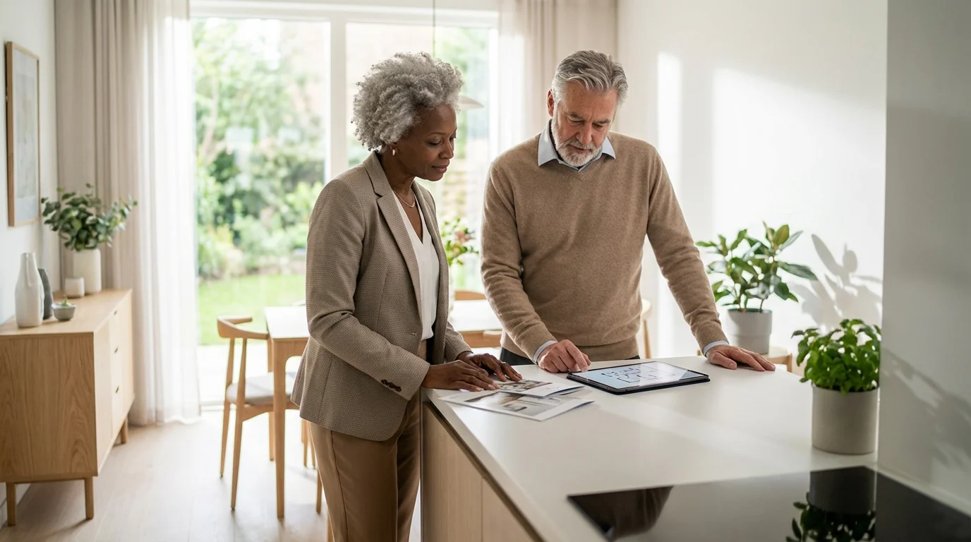 Senior couple considers options in a modern retirement community model apartment.