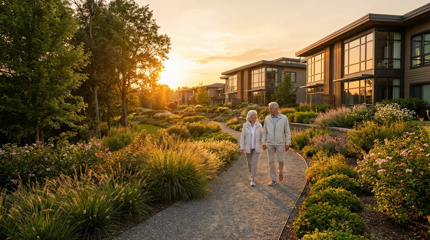 Senior couple enjoys a walk through a luxurious retirement community garden at golden hour.