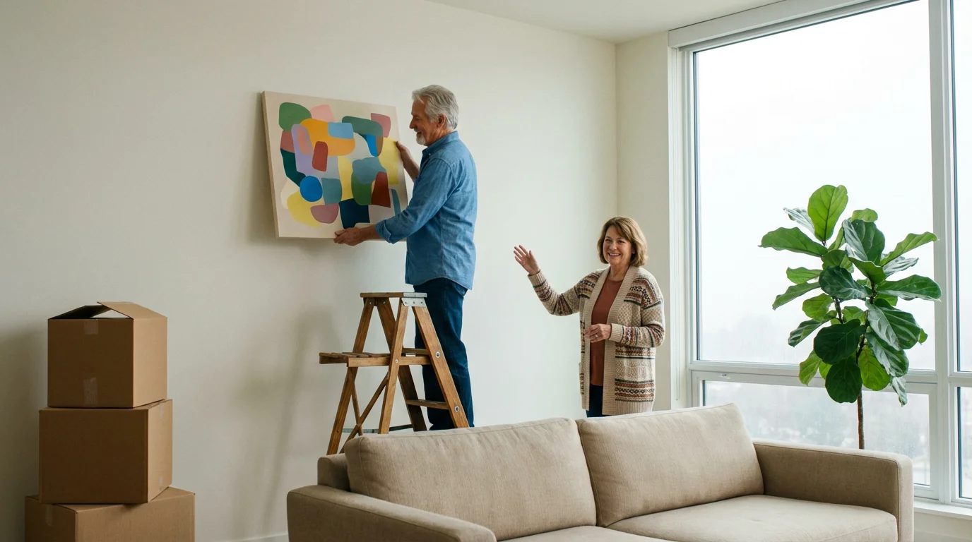 Senior couple happily arranging framed art in their new modern community living apartment.