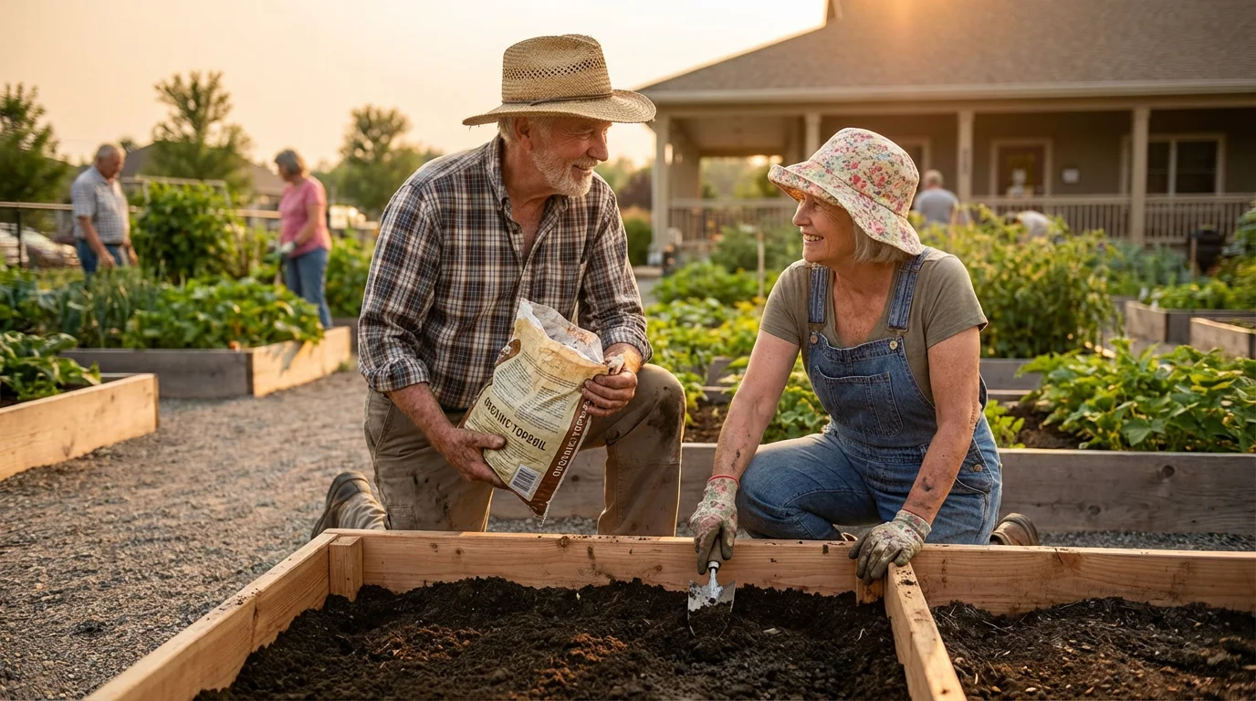 Senior couple happily preparing a new raised garden bed in a sunny community garden.