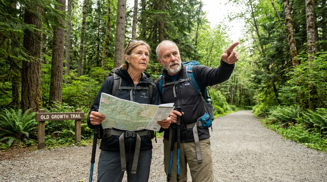 Senior couple in hiking gear studying a trail map at a forest trailhead.