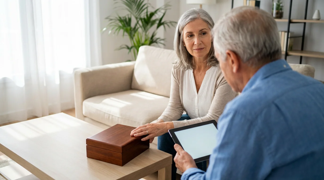 Senior couple in living room planning finances with a tablet and a wooden keepsake box.
