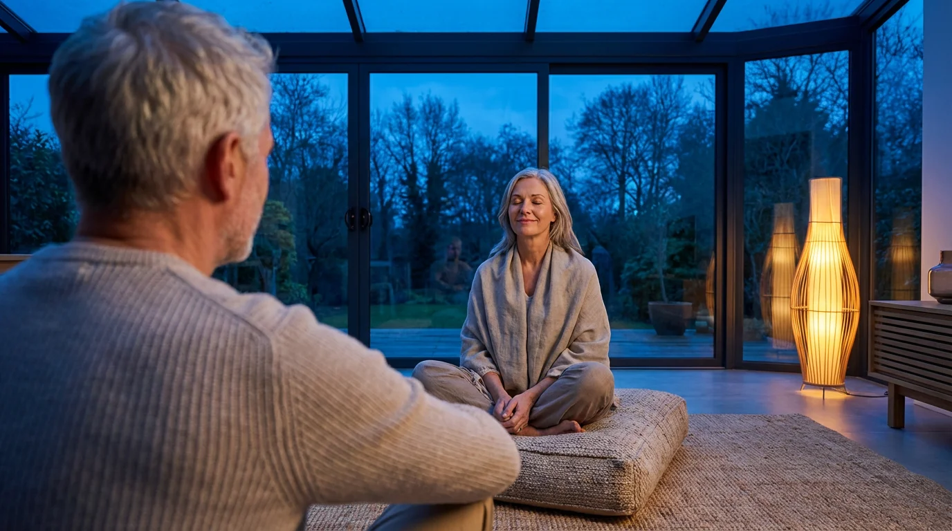 Senior couple meditating together in a tranquil sunroom during the peaceful blue hour at dusk.