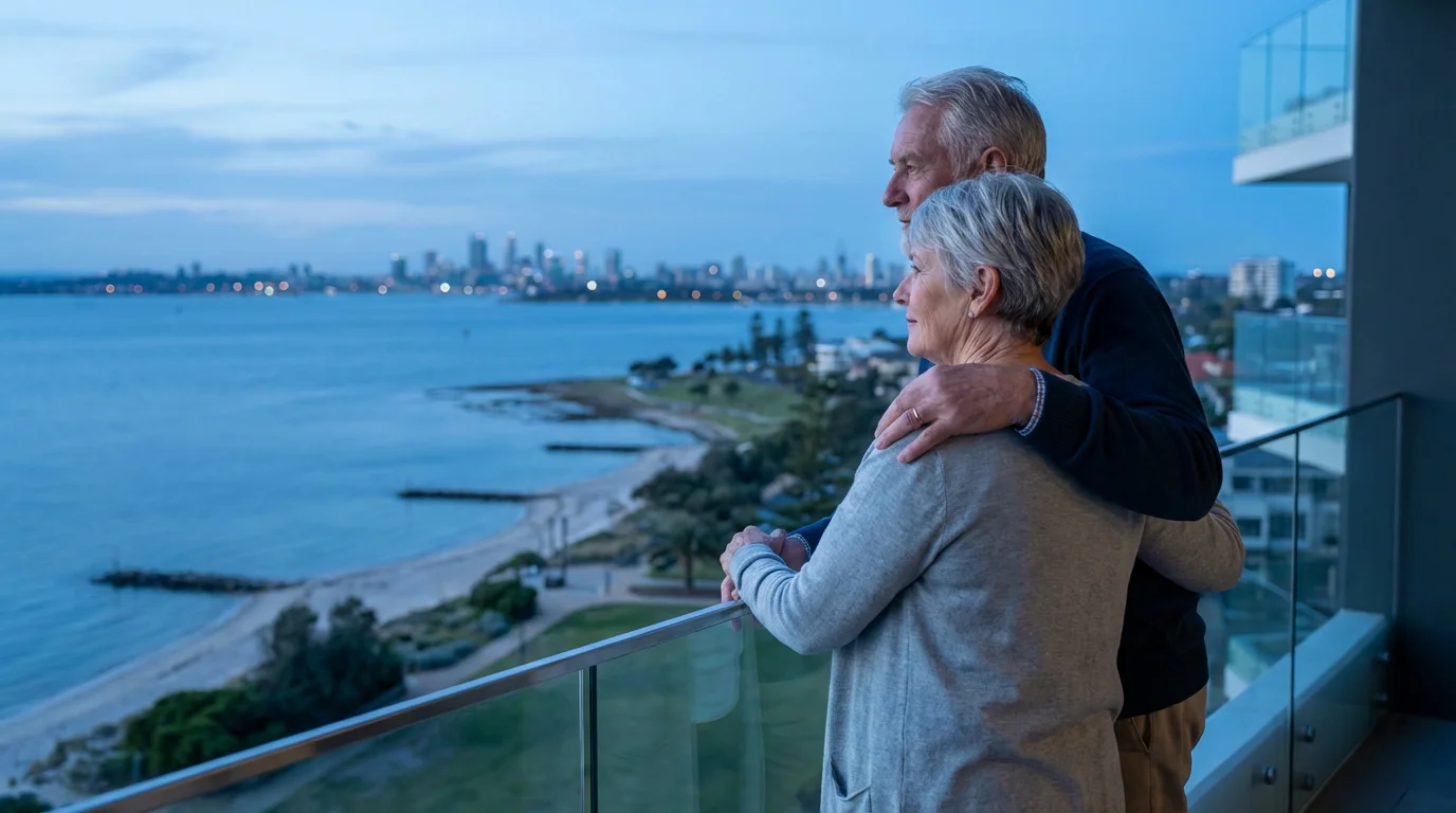 Senior couple on a balcony at dusk, looking out over a calm coastal city.