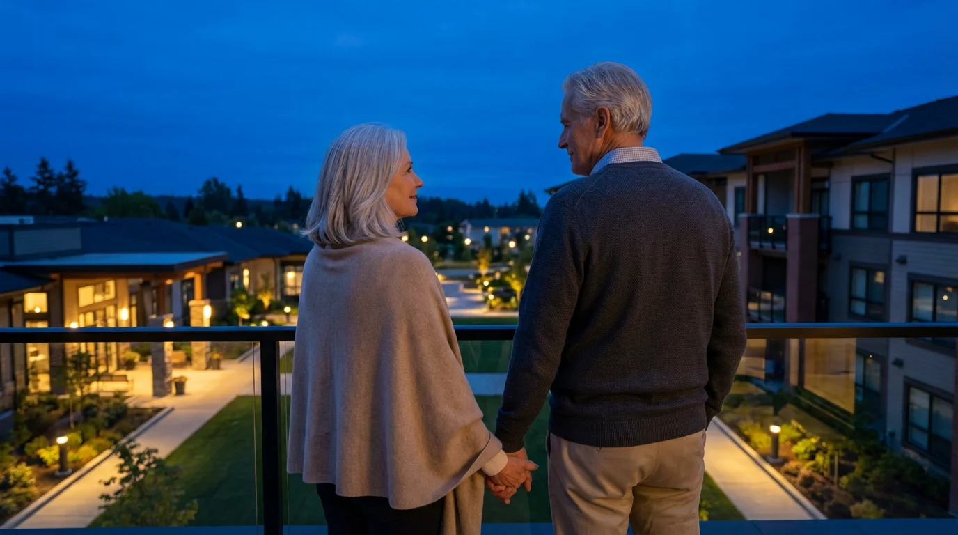 Senior couple on a balcony overlooking their continuing care retirement community at dusk.