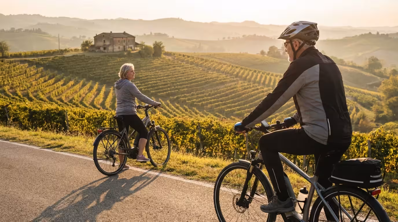 Senior couple on bicycles paused, looking over rolling hills of a vineyard at sunset.