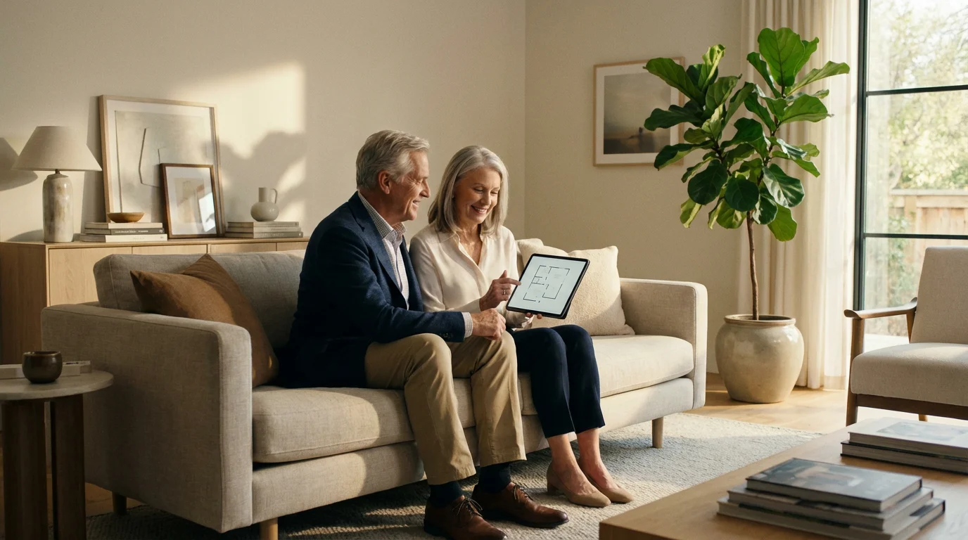 Senior couple planning their new right-sized home layout on a tablet in living room.