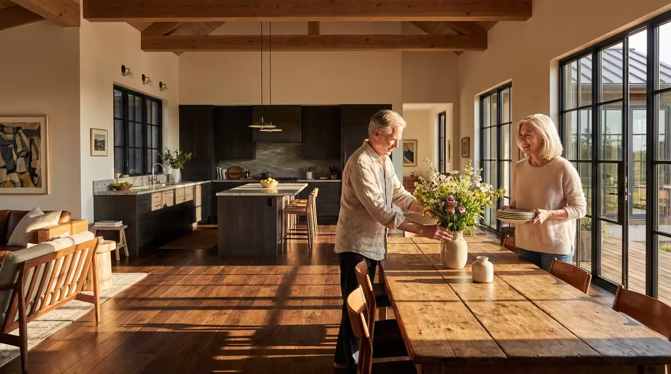 Senior couple preparing their large, sunlit dining room, illustrating the reverse downsizing retirement trend.