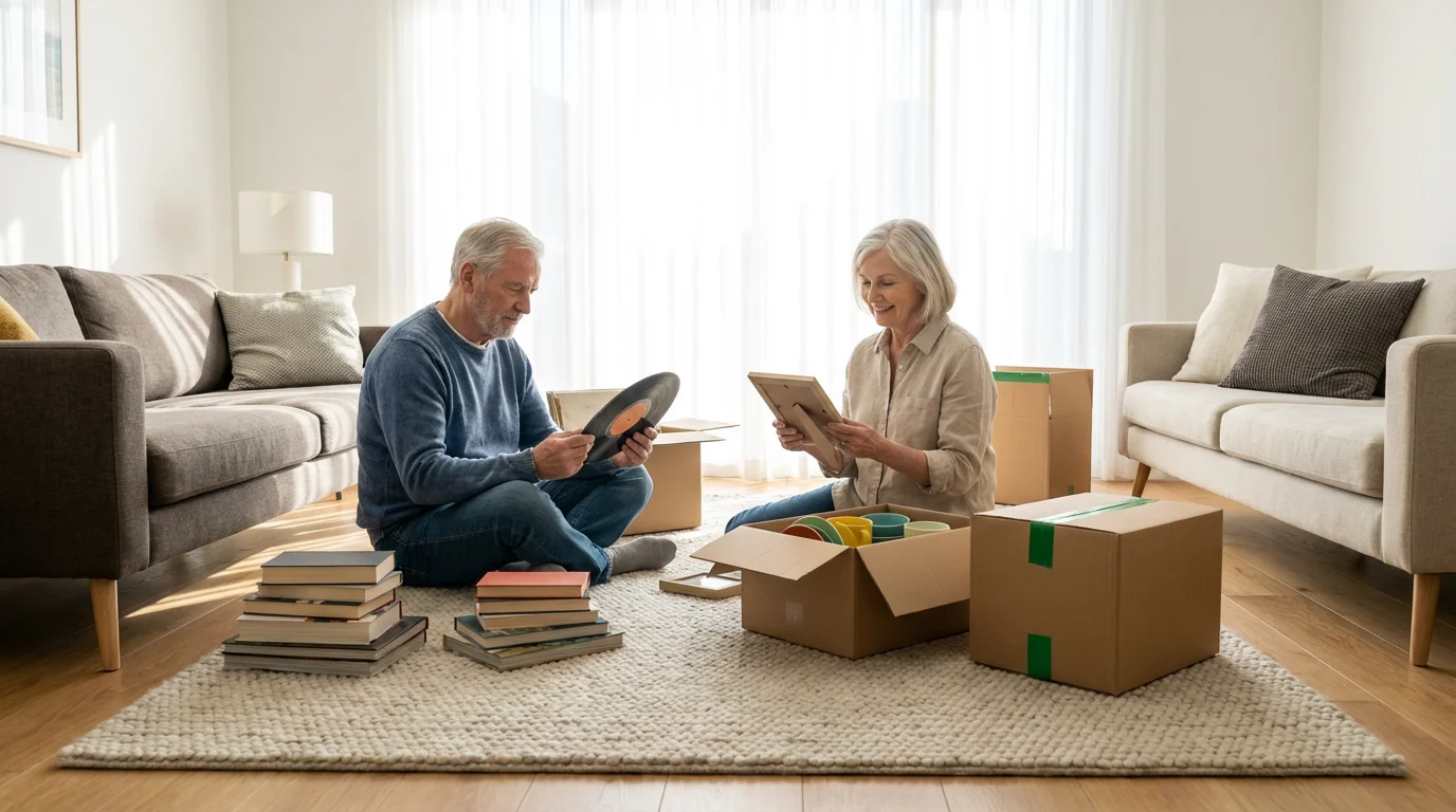 Senior couple sitting on a living room floor, happily organizing items into boxes for downsizing.