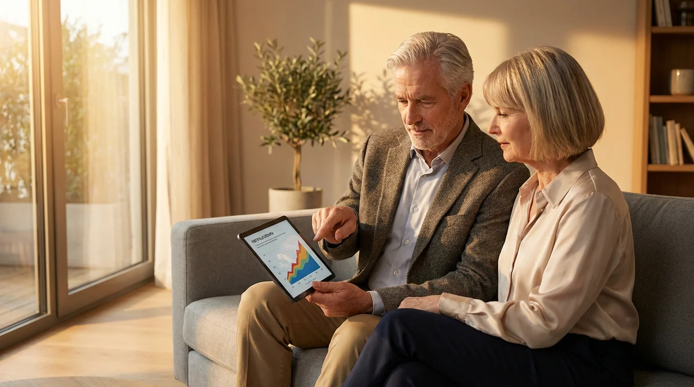 Senior couple sitting on a sofa reviewing a financial graph on a tablet.