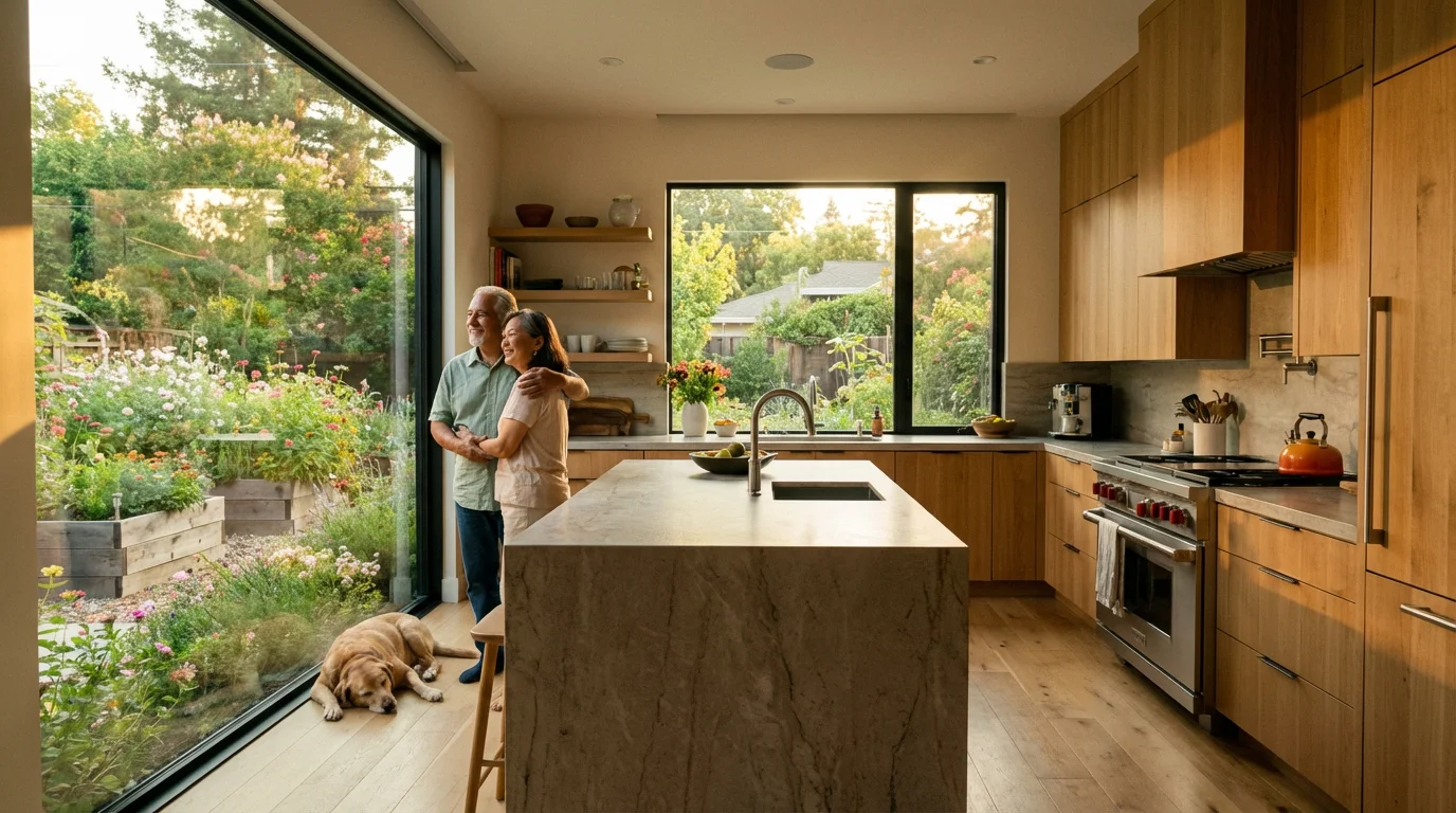 Senior couple smiling in their modern kitchen at sunset, enjoying their home.