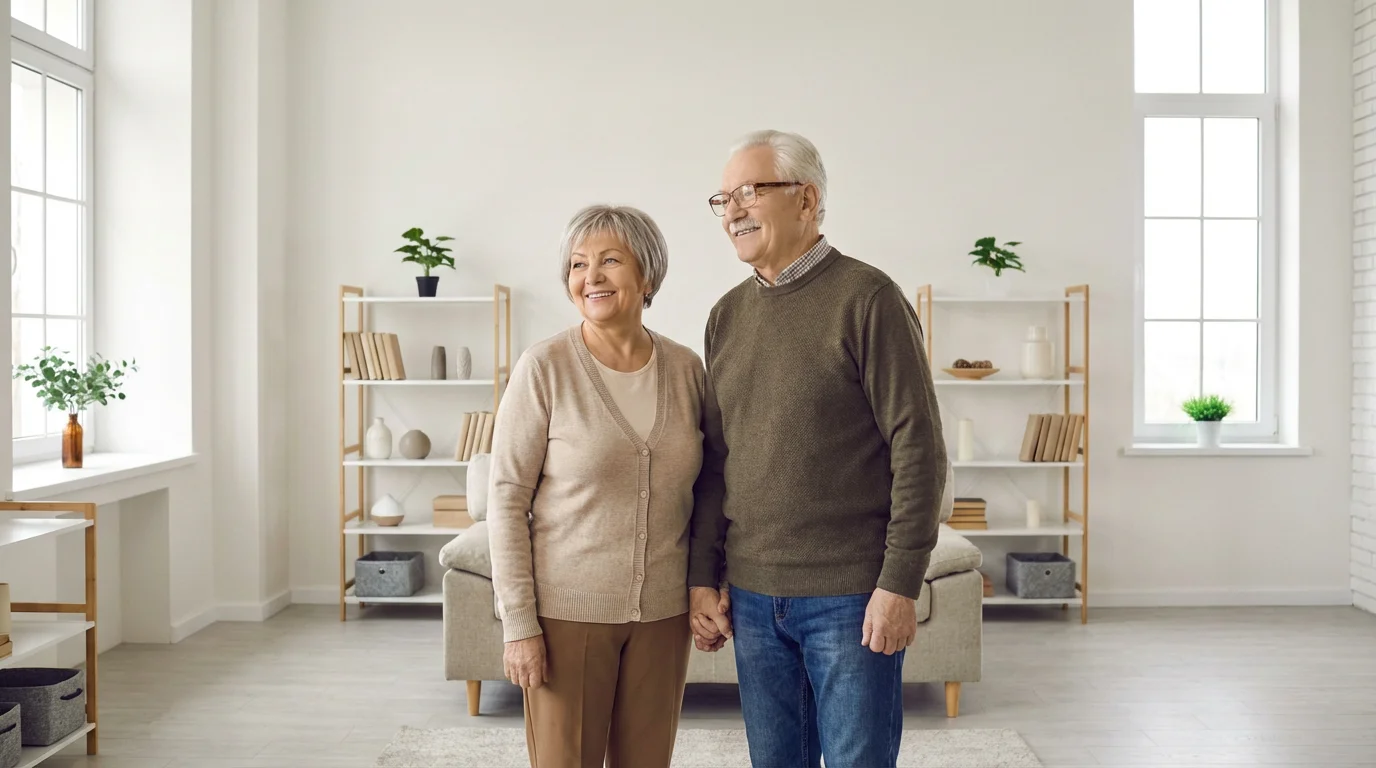 Senior couple smiling proudly in their bright, clean, and decluttered living room.