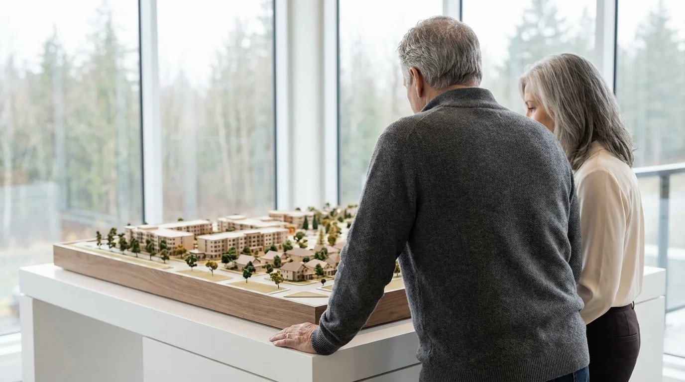 Senior couple thoughtfully examining an architectural model of a modern retirement housing community.