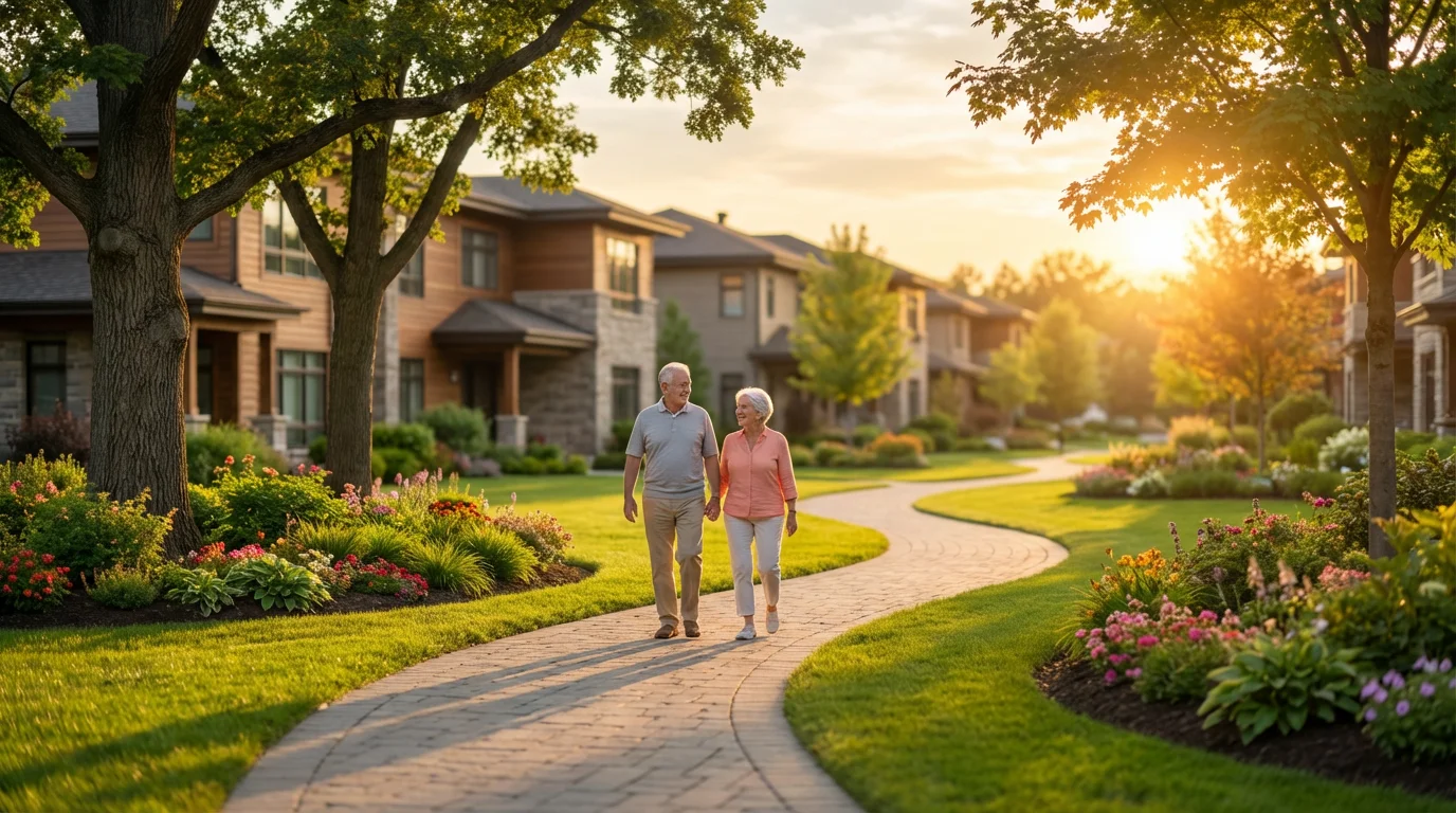 Senior couple walking on a beautiful path in a retirement community at golden hour.