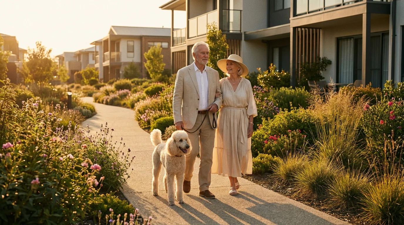 Senior couple walking their Standard Poodle on a garden path at a retirement community.