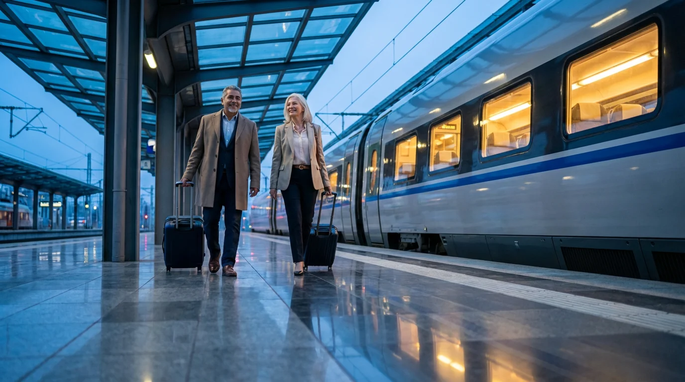Senior couple with wheeled suitcases walking confidently on a train platform at dusk.