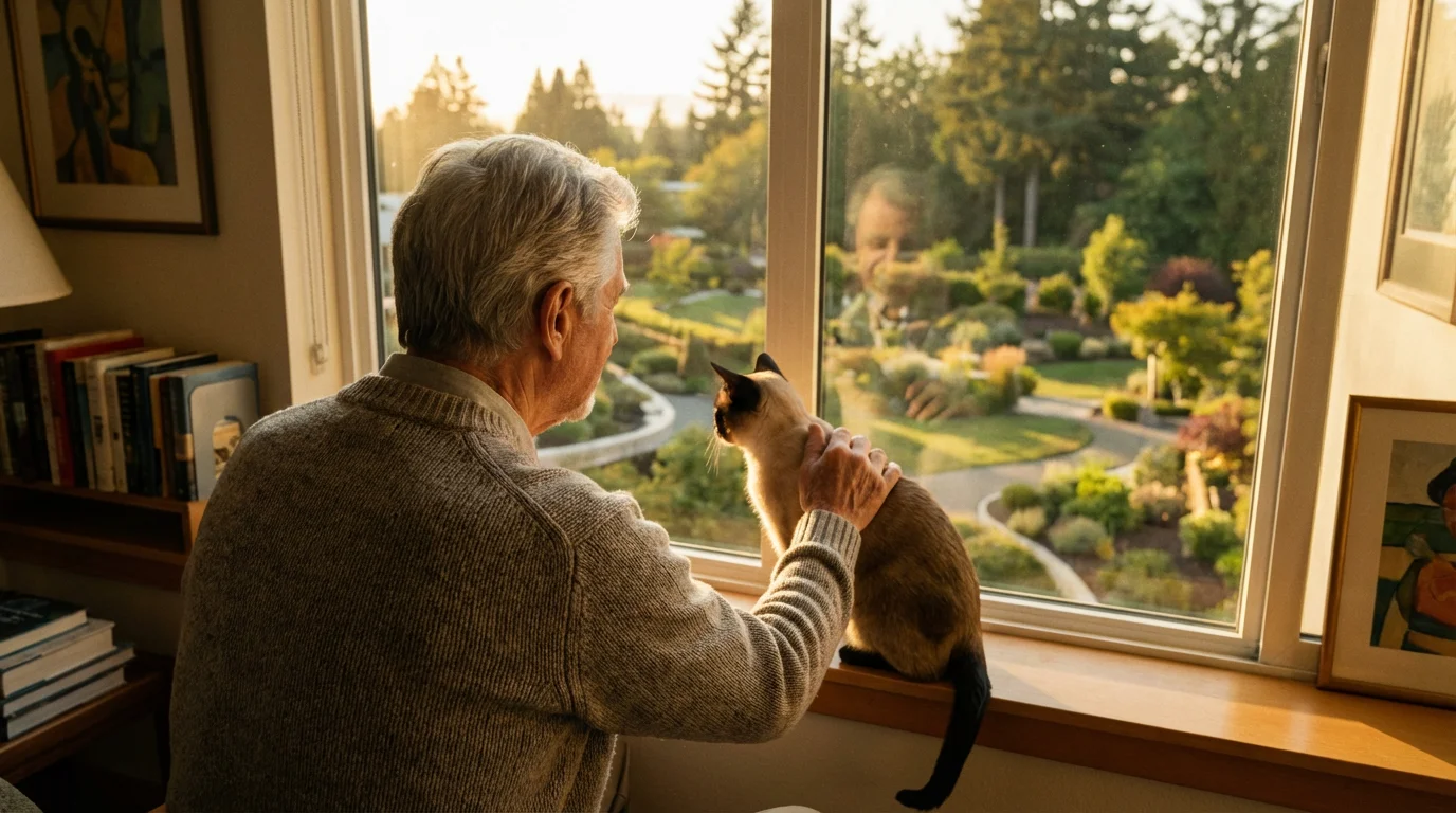 Senior man and his Siamese cat looking out a sunlit window together.