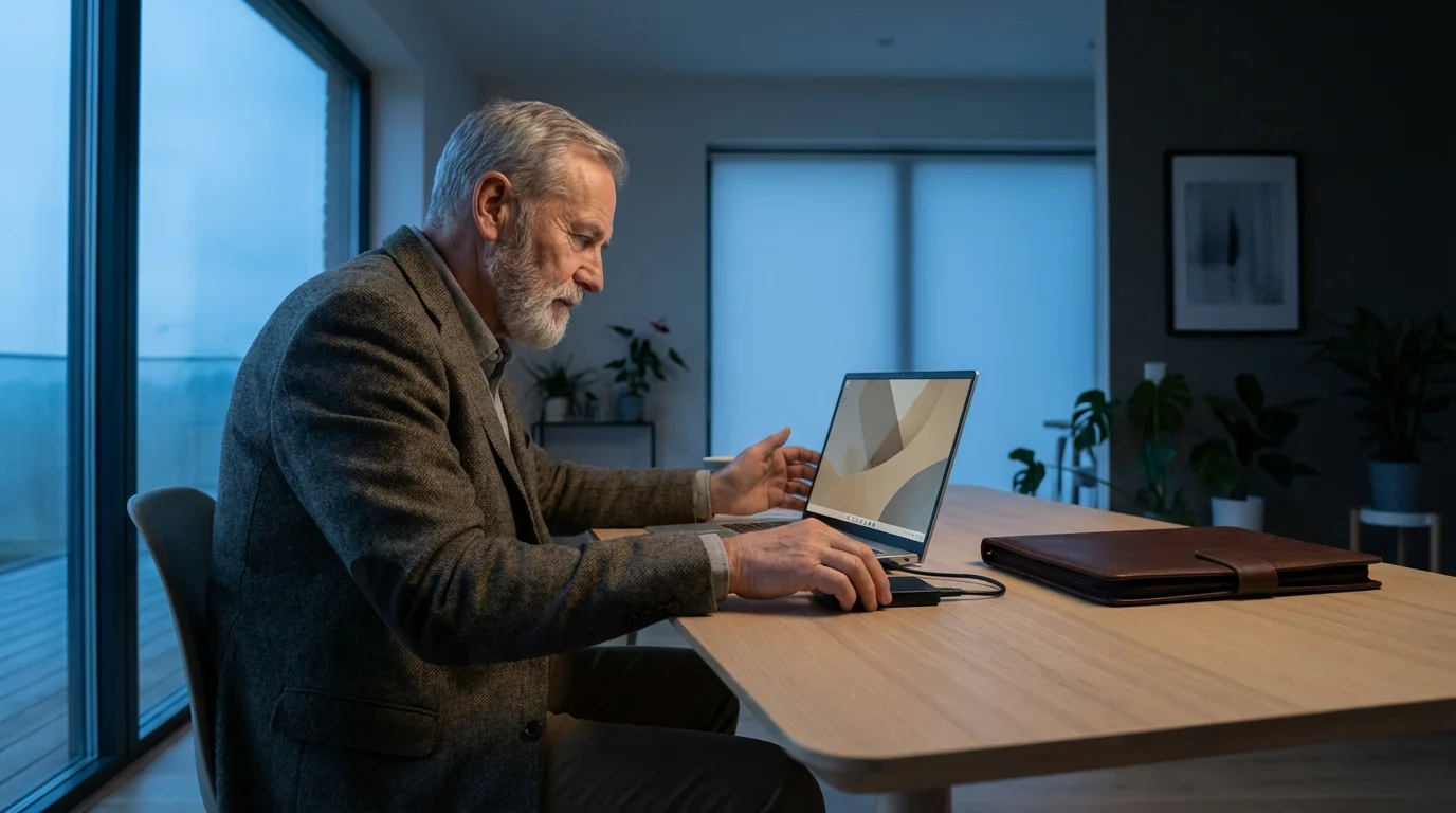 Senior man at a desk organizing digital files and important documents during the evening.
