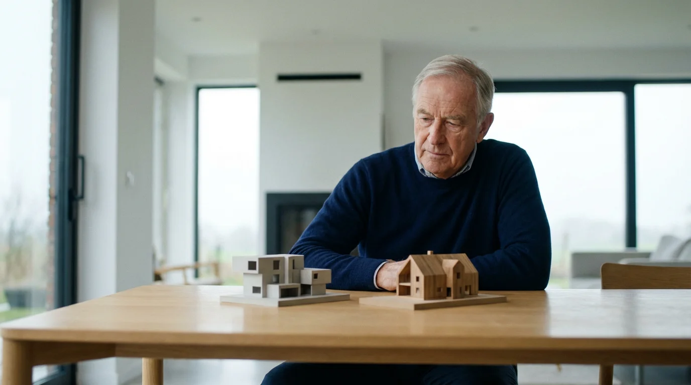 Senior man at a table thoughtfully considers small architectural models of senior living options.
