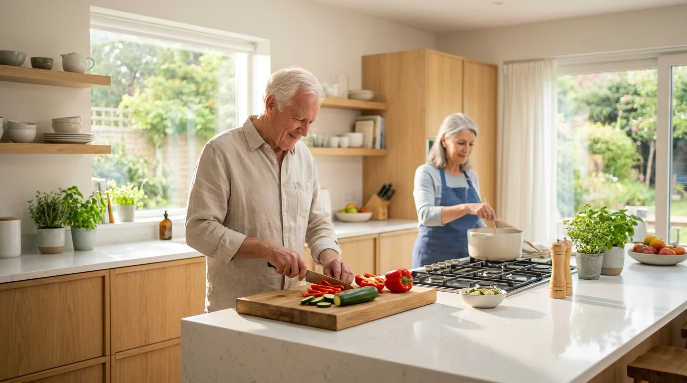 Senior man chopping fresh vegetables in a bright, modern kitchen for a healthy meal.