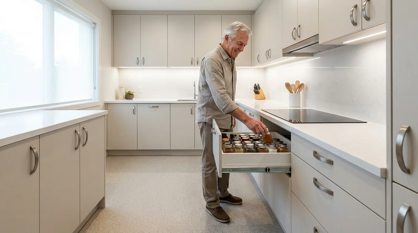 Senior man easily accessing a pull-out drawer in a modern, accessible kitchen.