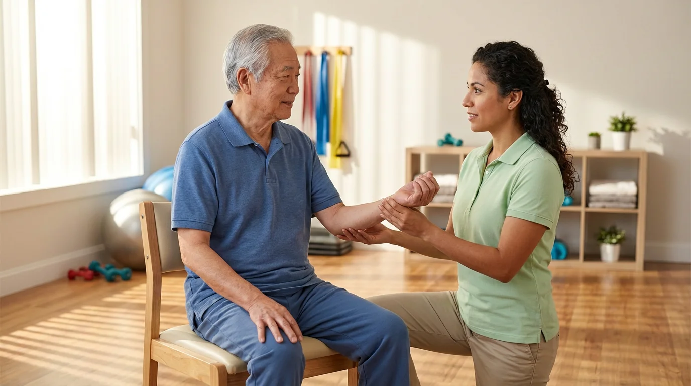 Senior man in a physical therapy session at a retirement community wellness center.
