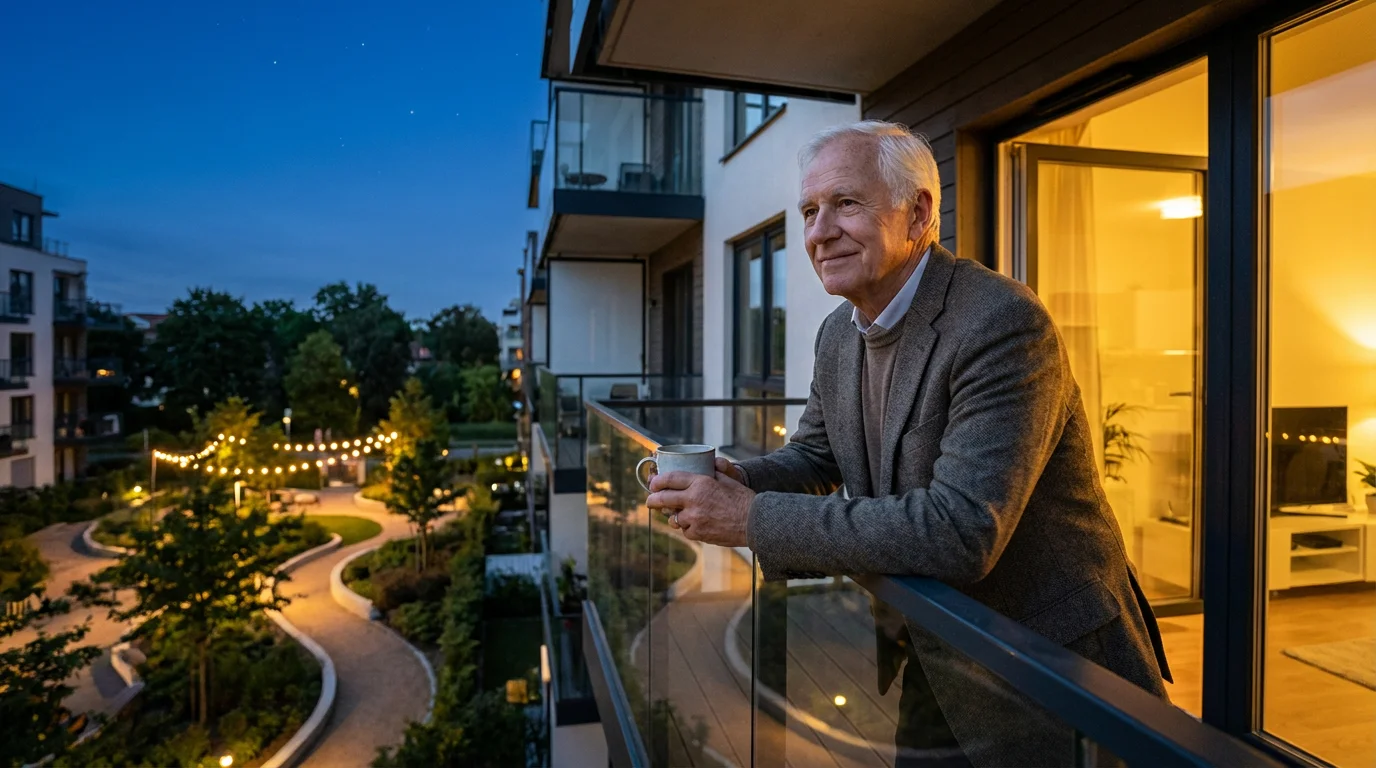 Senior man on a modern apartment balcony at dusk, looking over his new community.