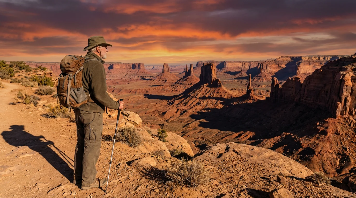 Senior man on a scenic trail overlooking a vast desert valley at sunset.