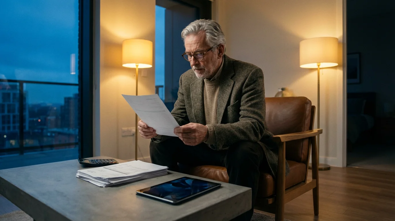 Senior man reviewing financial documents in a modern living room during the evening.