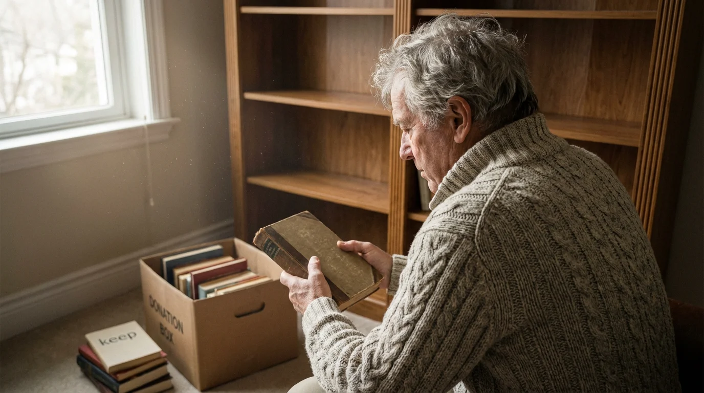 Senior man sorting books from a bookshelf into boxes, preparing to move home.