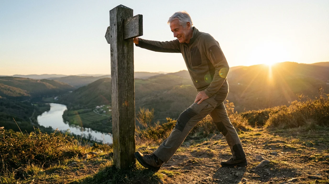 Senior man stretching before a hike during a warm, golden hour sunset.