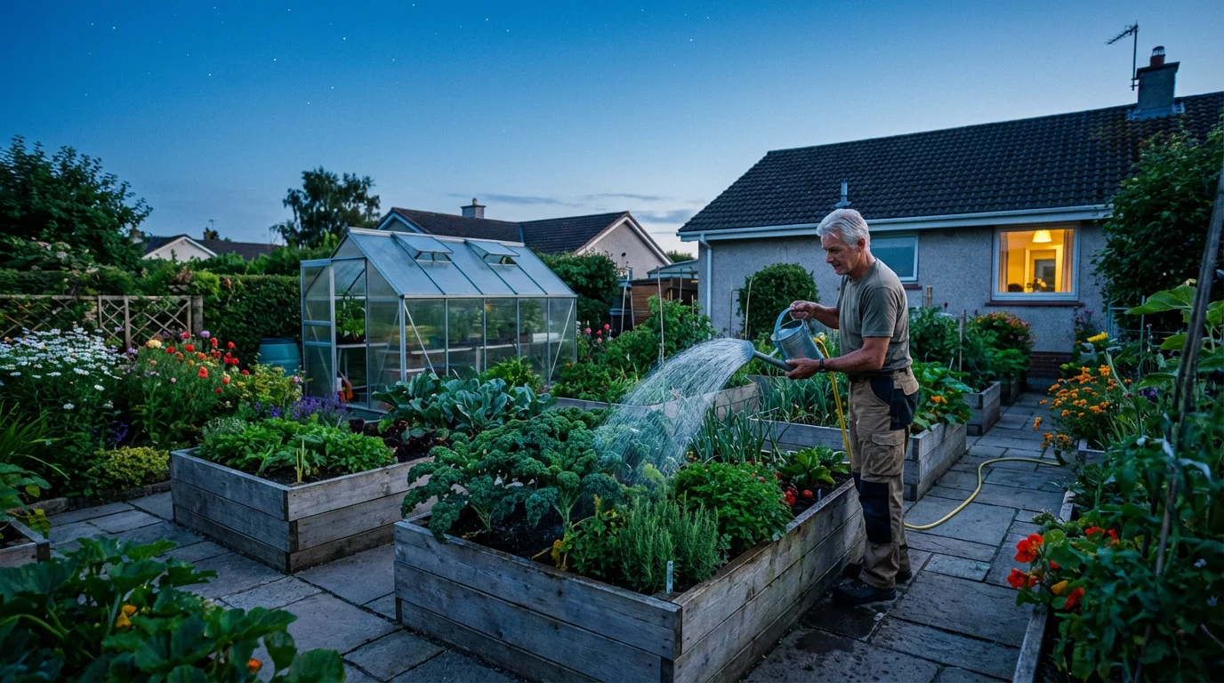 Senior man watering his lush backyard vegetable garden during a cool blue hour twilight.