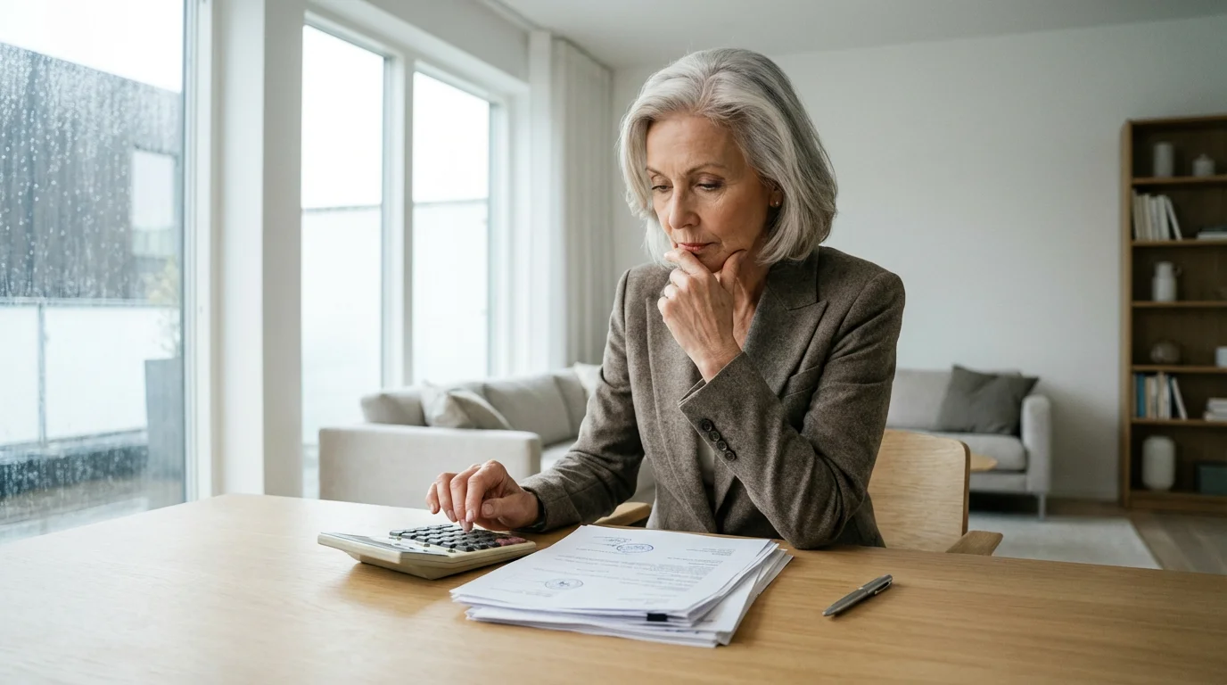 Senior woman at a desk carefully reviewing financial documents for retirement community planning.