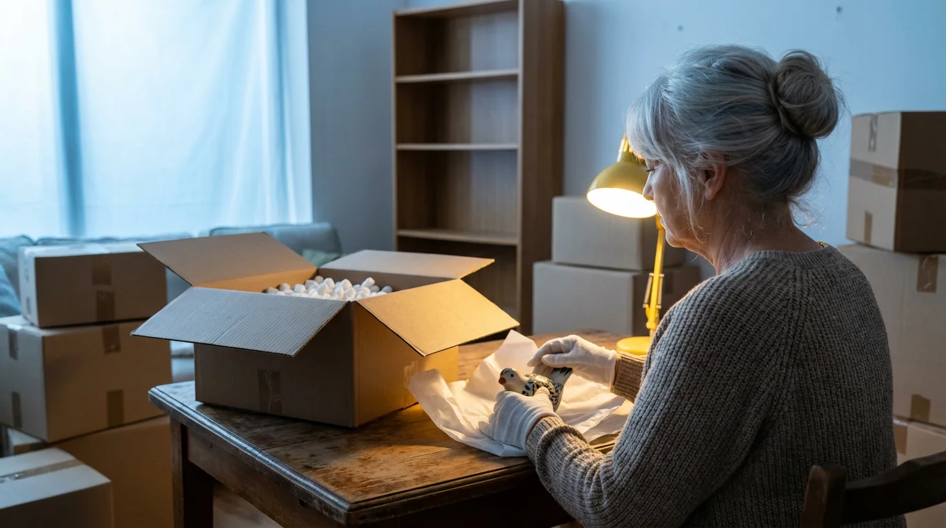Senior woman carefully packing cherished items into a moving box at dusk.