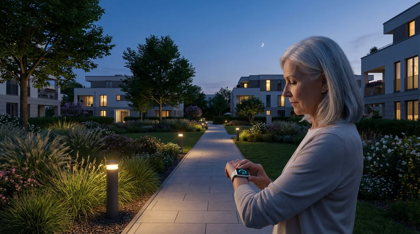 Senior woman checking a health-monitoring smartwatch while walking through a retirement community at dusk.
