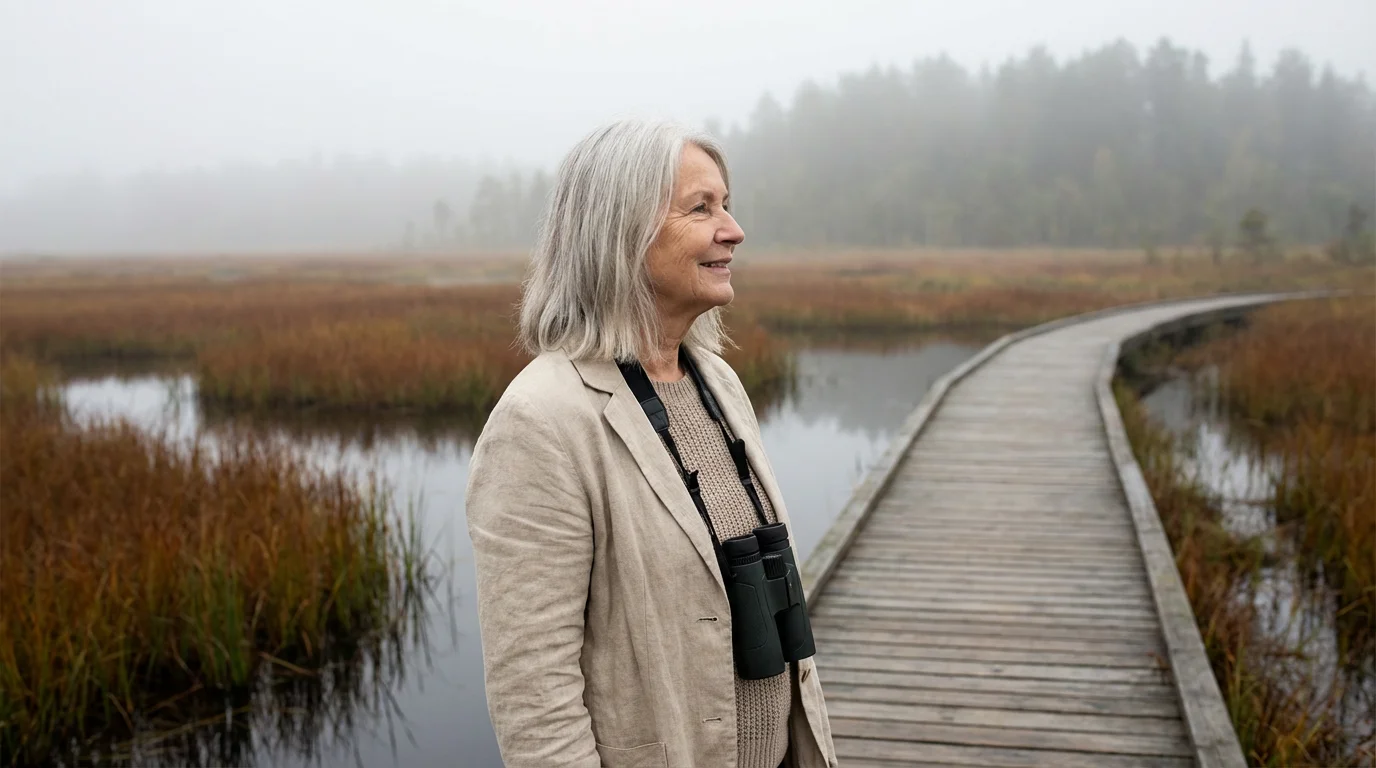 Senior woman enjoying a peaceful moment birdwatching from a wooden boardwalk in a wetland.