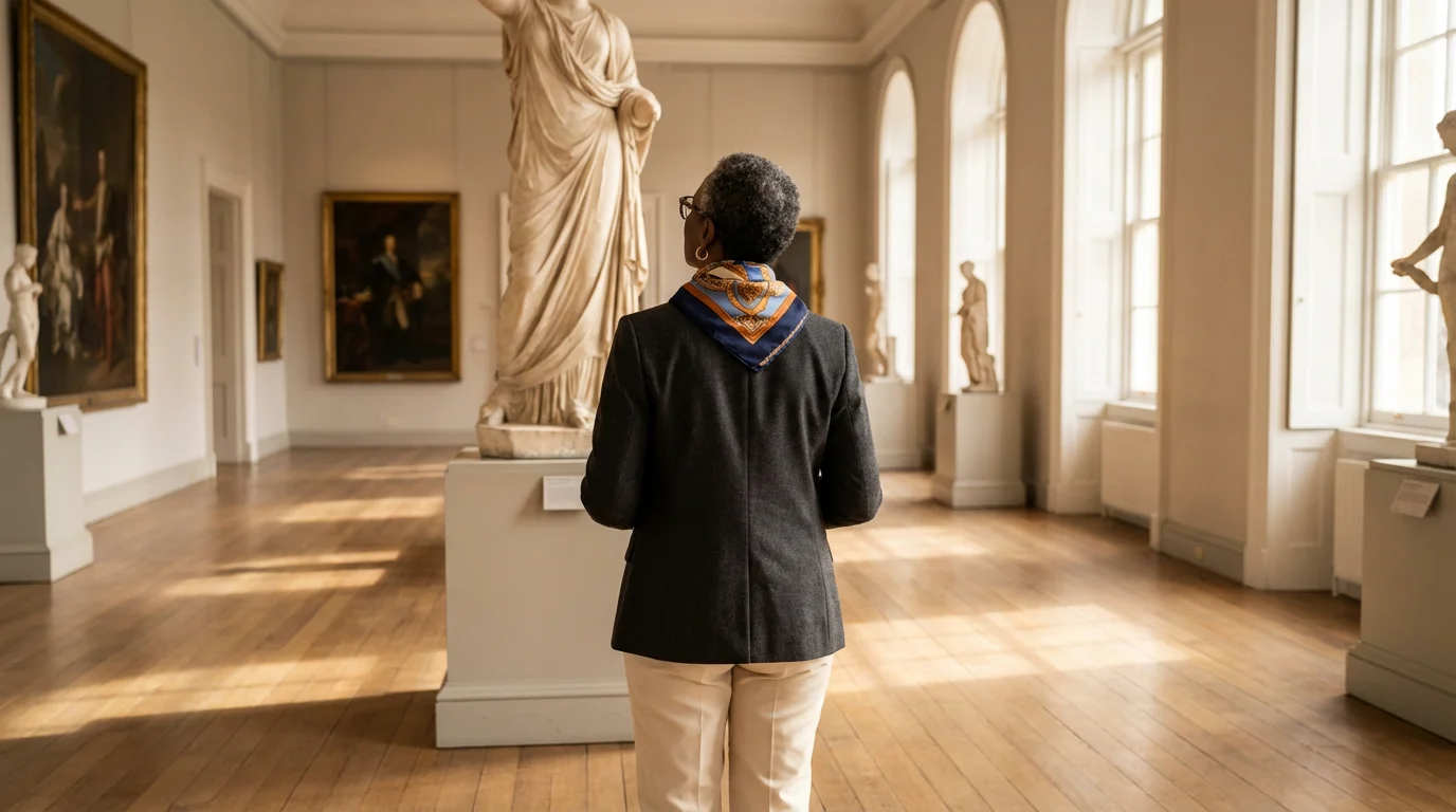 Senior woman enjoys solo travel, viewing a sculpture in a sunlit art museum.