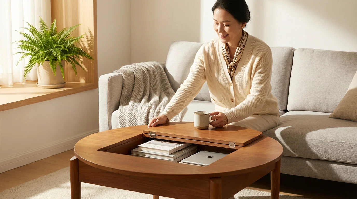 Senior woman in a bright, modern living room using a multi-functional coffee table with storage.