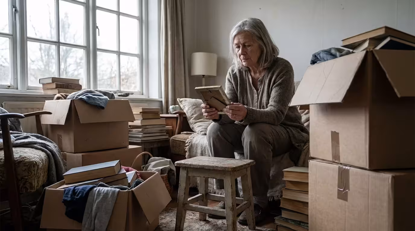 Senior woman in a cluttered living room surrounded by boxes, feeling overwhelmed by downsizing.