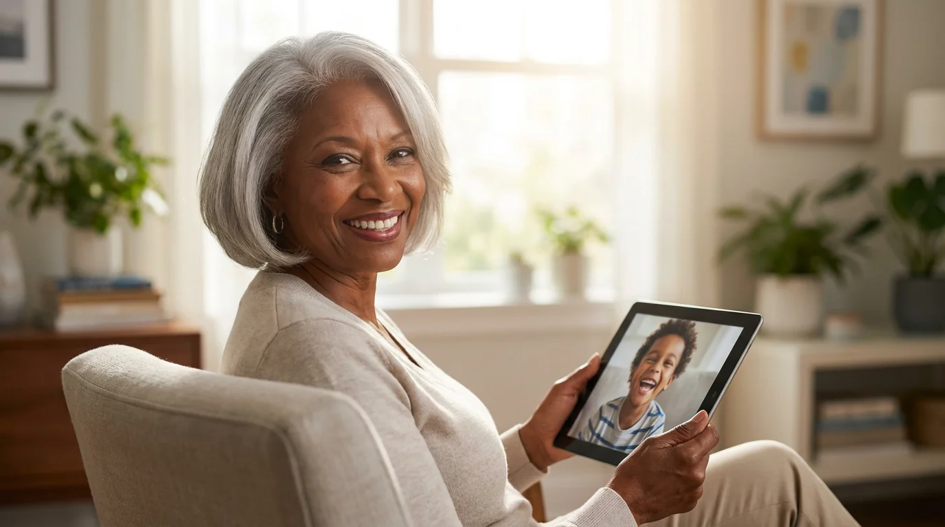 Senior woman in a sunlit room happily video chatting with her grandson on a tablet.