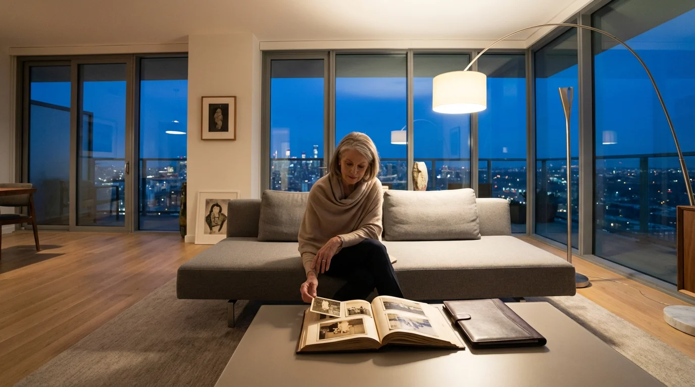 Senior woman in modern living room at dusk, reflectively looking at a photo album.