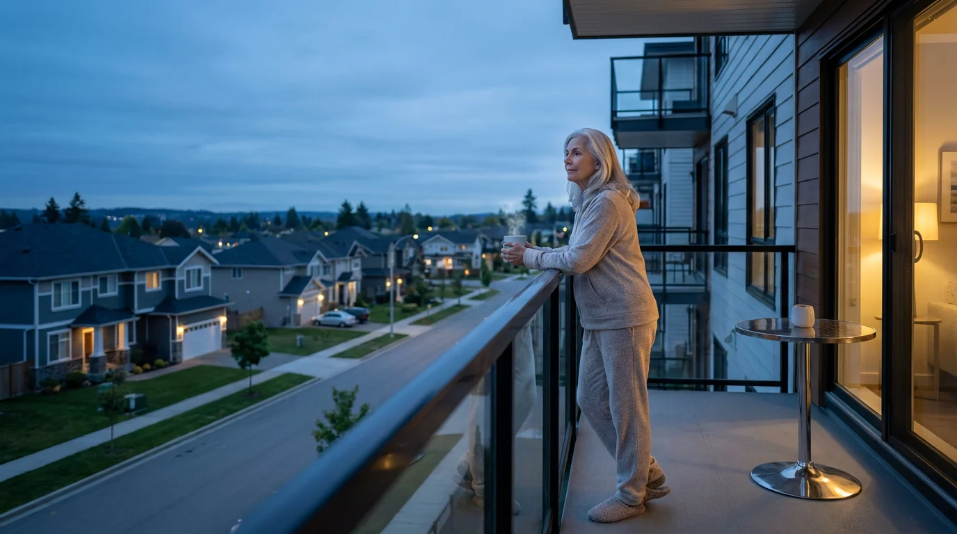 Senior woman on a modern apartment balcony overlooking a residential neighborhood at twilight.